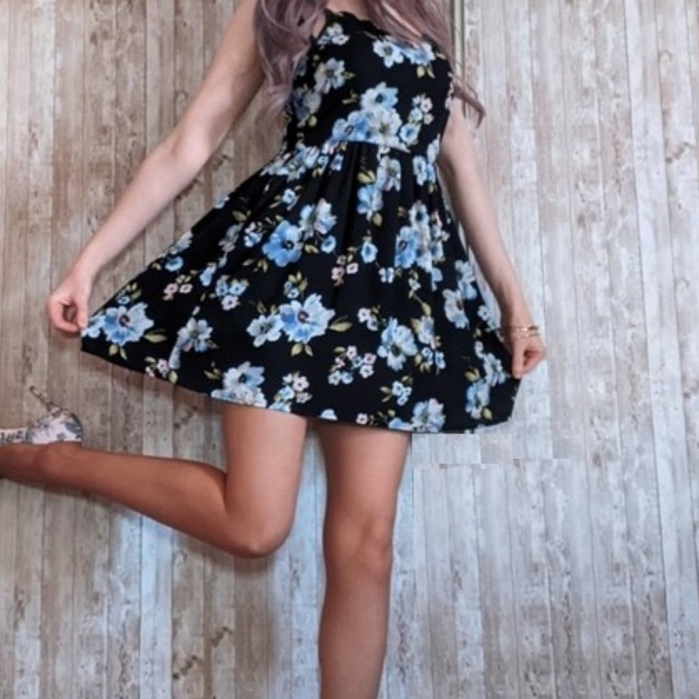 Black Floral Skater Dress with Scalloped Neckline
